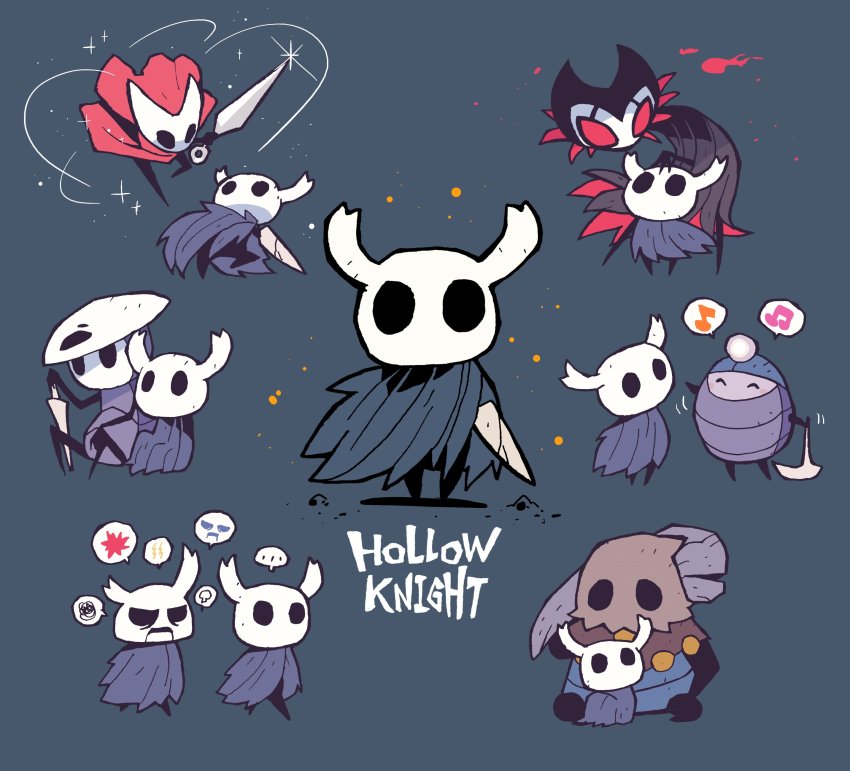 ..., 1other, 3boys, 3girls, absurdres, blue_cape, cape, cloth_(hollow_knight), copyright_name, glint, grimm_(hollow_knight), highres, holding, holding_pickaxe, hollow_eyes, hollow_knight, hornet_(hollow_knight), horns, knight_(hollow_knight), looking_at_viewer, mask, mask_on_head, multiple_boys, multiple_girls, multiple_views, musical_note, myla_(hollow_knight), nail_(hollow_knight), needle_(hollow_knight), old_nail_(hollow_knight), pickaxe, quirrel, rariatto_(ganguri), red_cape, sitting, smile, spoken_ellipsis, spoken_expression, spoken_musical_note, spoken_squiggle, squiggle, zote
