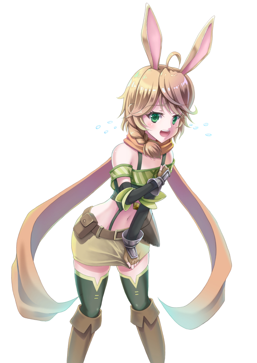 1girl, ahoge, animal_ears, bare_shoulders, belt, blush, boots, braid