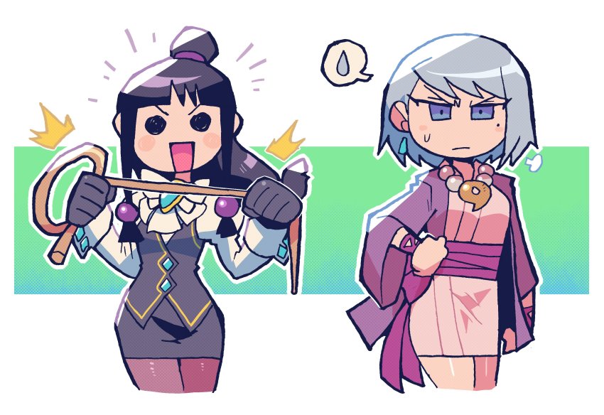 2girls, :d, @_@, ^^^, absurdres, ace_attorney, black_gloves, blue_eyes, blush_stickers, bob_cut, brown_legwear, closed_mouth, cosplay, costume_switch, cowboy_shot, earrings, floating_earrings, franziska_von_karma, franziska_von_karma_(cosplay), gloves, grey_skirt, grey_vest, hair_ornament, halftone, hand_on_own_hip, hands_up, haori, highres, holding, holding_whip, japanese_clothes, jewelry, juliet_sleeves, long_sleeves, looking_at_viewer, magatama, magatama_necklace, maya_fey, maya_fey_(cosplay), medium_hair, miniskirt, mole, mole_under_eye, multiple_girls, necklace, notice_lines, open_mouth, pantyhose, puff_of_air, puffy_sleeves, rariatto_(ganguri), sash, shirt, skirt, smile, solid_circle_eyes, sphere_hair_ornament, spoken_sweatdrop, standing, sweatdrop, tomoe_(symbol), topknot, vest, white_shirt
