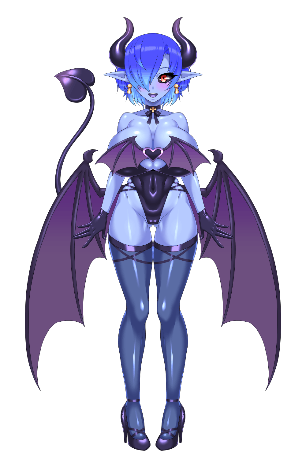1girl, bare_shoulders, black_sclera, blue_hair, blue_skin, breasts, choker, colored_sclera, colored_skin, covered_navel, demon_girl, demon_horns, demon_tail, demon_wings, earrings, full_body, gloves, gluteal_fold, hair_over_one_eye, high_heels, highres, horns, huge_breasts, indie_virtual_youtuber, jewelry, leotard, looking_at_viewer, mimizu_(tokagex), open_mouth, orange_eyes, pointy_ears, shigarami_imu, sleeveless, solo, strapless, strapless_leotard, tail, teeth, thighhighs, tongue, transparent_background, virtual_youtuber, wings