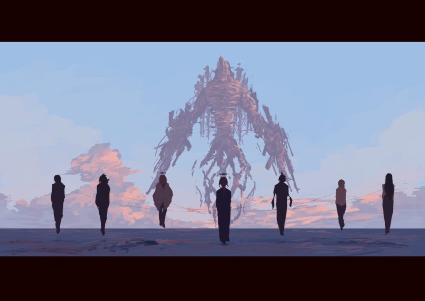 3boys, 4girls, angel, angel_devil_(chainsaw_man), angel_wings, chagallkun, chain, chainsaw_man, cloud, floating, from_behind, gun_devil_(chainsaw_man), halo, hayakawa_aki, highres, kurose_yutarou, letterboxed, makima_(chainsaw_man), monster, multiple_boys, multiple_girls, ocean, outdoors, sawatari_akane_(chainsaw_man), size_difference, sky, tendou_michiko, wings