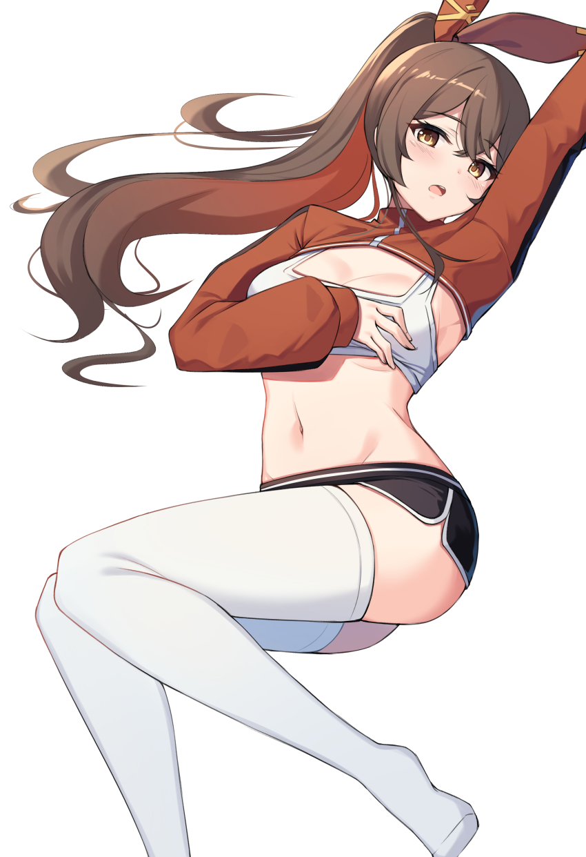 1girl, absurdres, adapted_costume, amber_(genshin_impact), arm_up, ass, black_shorts, blush