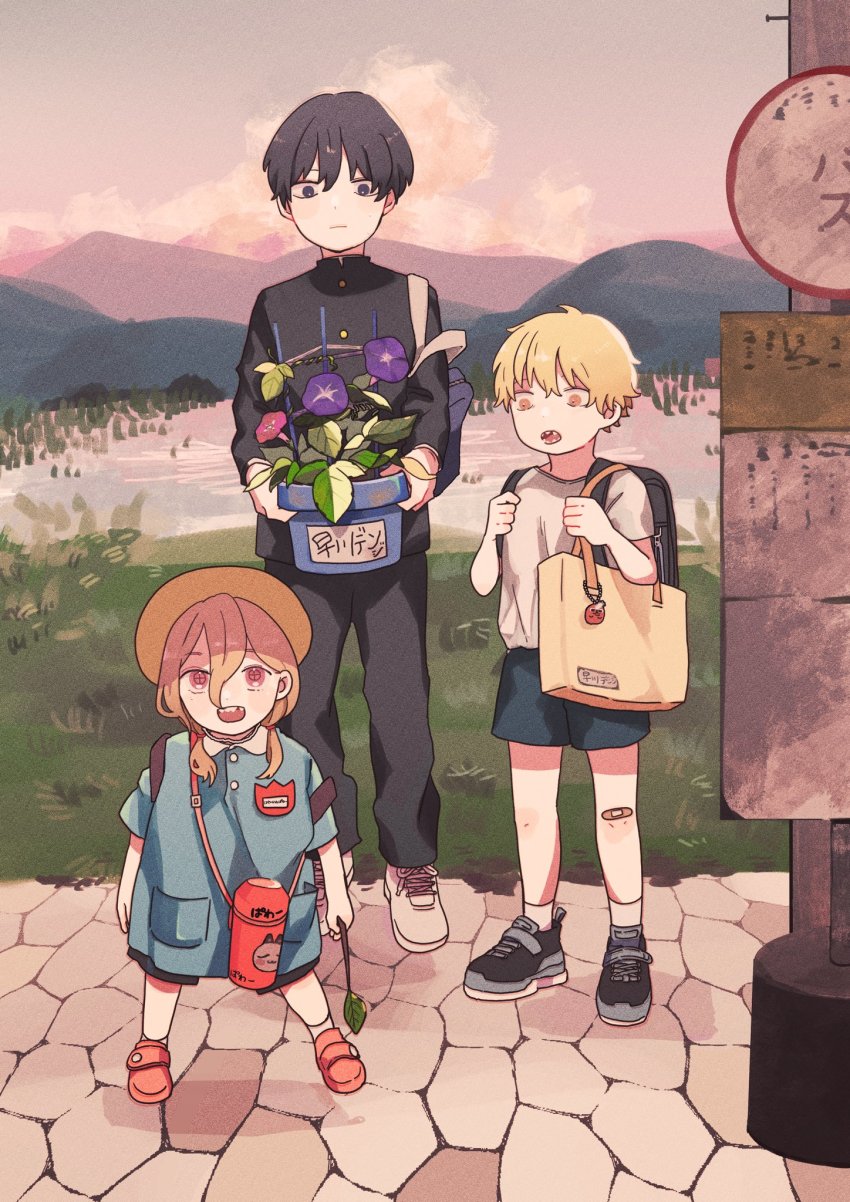 +_+, 1girl, 2boys, aged_down, backpack, bag, bandaid, bandaid_on_knee
