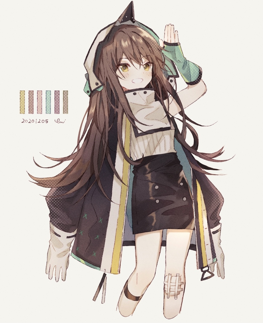 1girl, arknights, black_jacket, black_skirt, blush, brown_hair, cropped_legs, dated