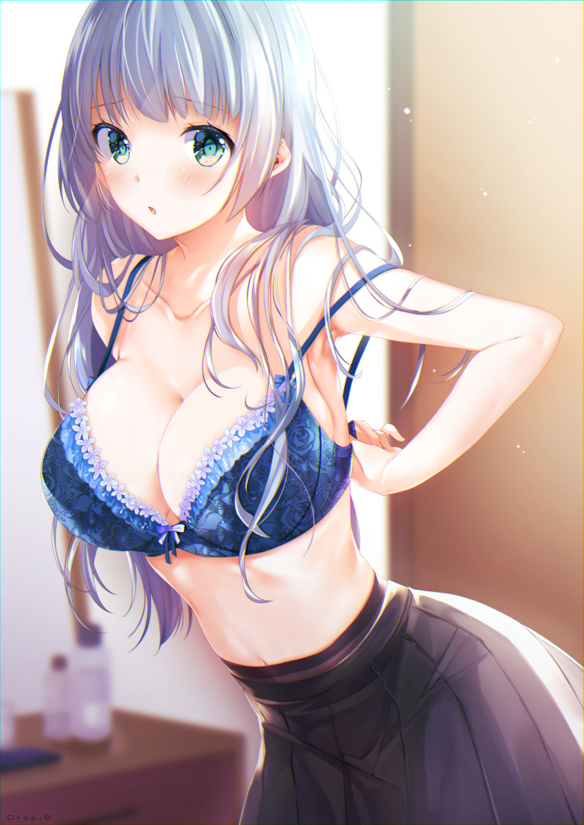 1girl, armpits, arms_behind_back, bare_shoulders, black_skirt, blue_bra, blush, bra, breasts, cleavage, clothes_pull, collarbone, drop.b, green_eyes, highres, large_breasts, long_hair, looking_at_viewer, navel, open_clothes, original, pantyhose, pulling_own_clothes, silver_hair, skirt, solo, underwear, undressing
