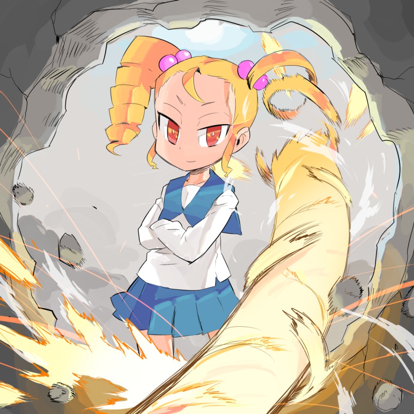 1girl, bad_id, bad_pixiv_id, blonde_hair, drill_hair, female_focus, hair_bobbles, hair_ornament