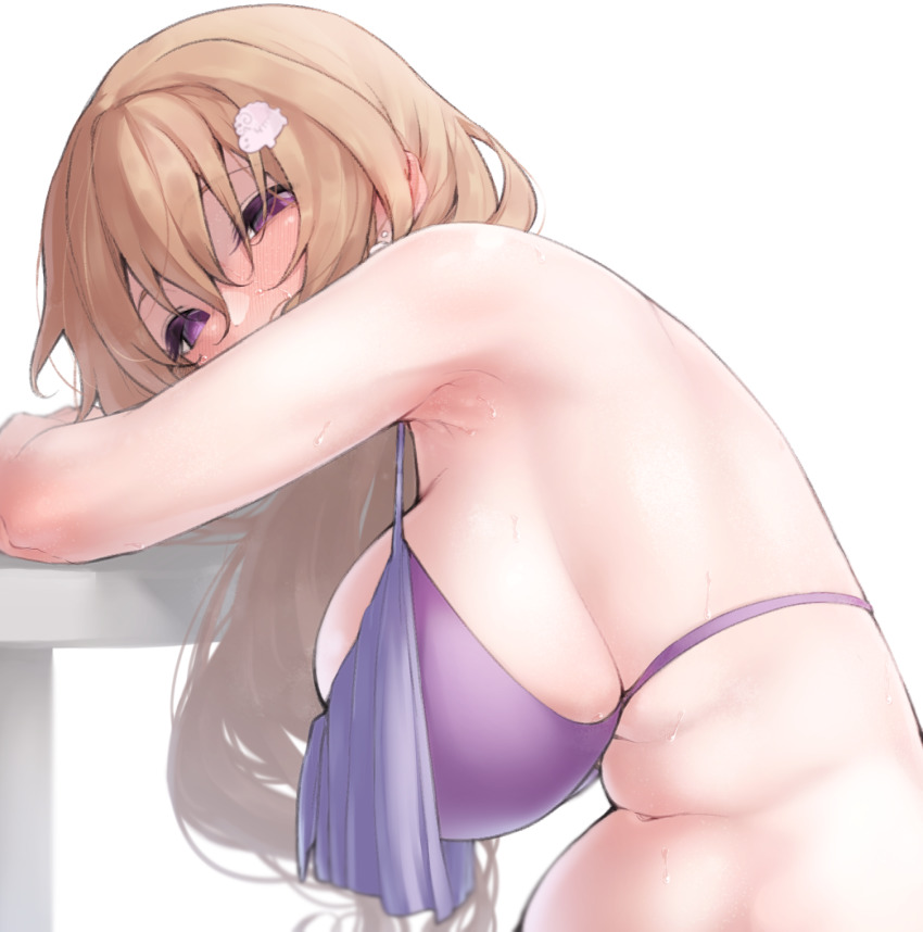 1girl, armpits, bikini, blush, breasts, brown_hair, ear_piercing, hair_between_eyes