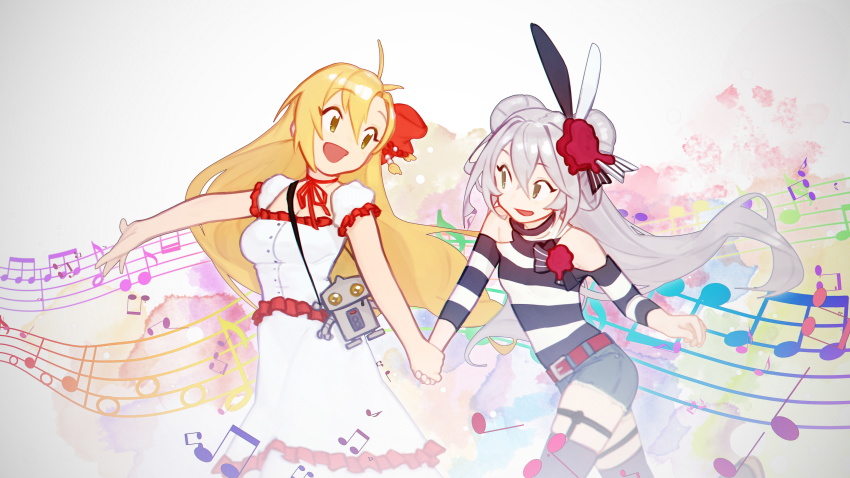 2girls, animal_ears, antenna_hair, beamed_eighth_notes, belt, black_legwear, black_shirt, blonde_hair
