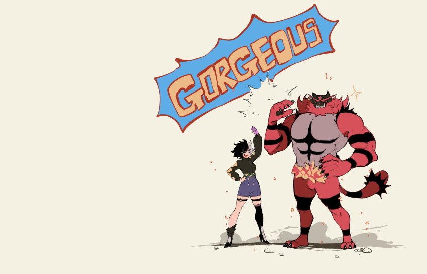 1boy, 1girl, animal_ears, argyle_clothes, argyle_sweater, black_footwear, black_hair, black_sweater, black_thighhighs, blue_eyeshadow, boots, cat_ears, cat_tail, claws, closed_eyes, commentary, english_commentary, english_text, eyeshadow, full_body, gen_7_pokemon, hand_on_own_hip, height_difference, high-waist_pants, high-waist_shorts, high_five, high_heel_boots, high_heels, highres, incineroar, loose_leg_warmer, loose_socks, makeup, multicolored_hair, muscular, muscular_male, nintendo, nyantcha, o-ring, o-ring_thigh_strap, original, pants, pokemon, pokemon_(creature), purple_shorts, red_fur, shorts, single_thighhigh, socks, sparkle, speech_bubble, sweater, tail, thigh_strap, thighhighs, two-tone_hair, white_hair, yorra_villeneuve_(nyantcha)