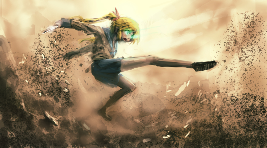 action, bad_id, bad_pixiv_id, blonde_hair, glowing, glowing_eyes, green_eyes, hair_ribbon