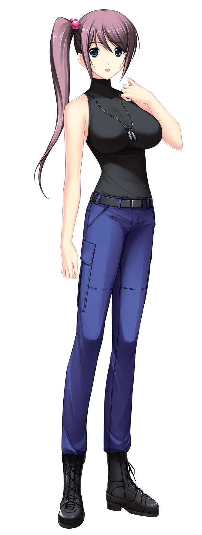 1girl, :d, belt, black_belt, black_footwear, black_shirt, blue_eyes, blue_pants