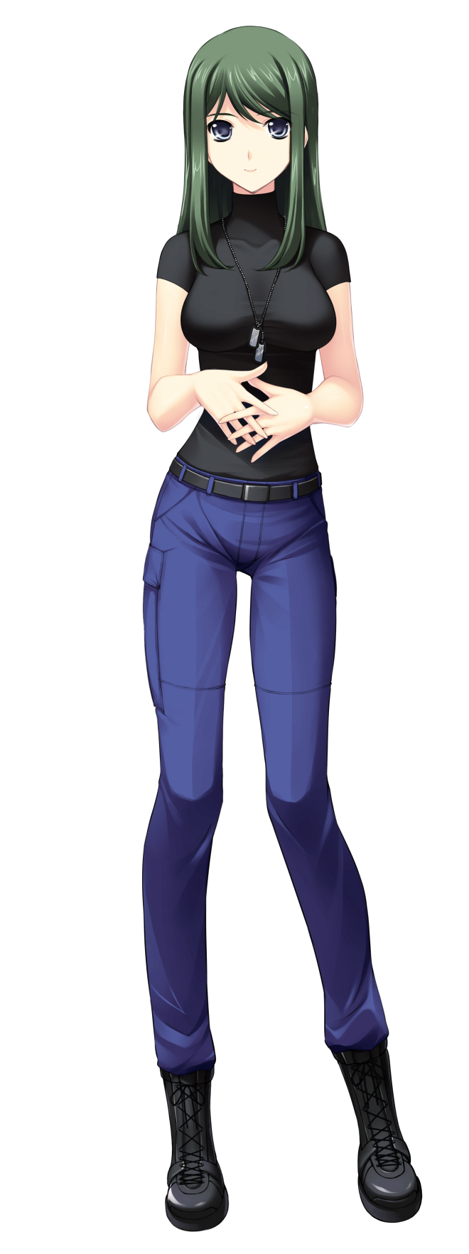 1girl, black_footwear, black_shirt, blue_pants, breasts, closed_mouth, dog_tags, full_body