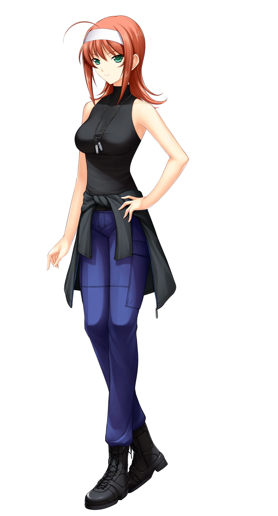 1girl, ahoge, black_footwear, black_sweater, blue_pants, breasts, brown_hair, closed_mouth