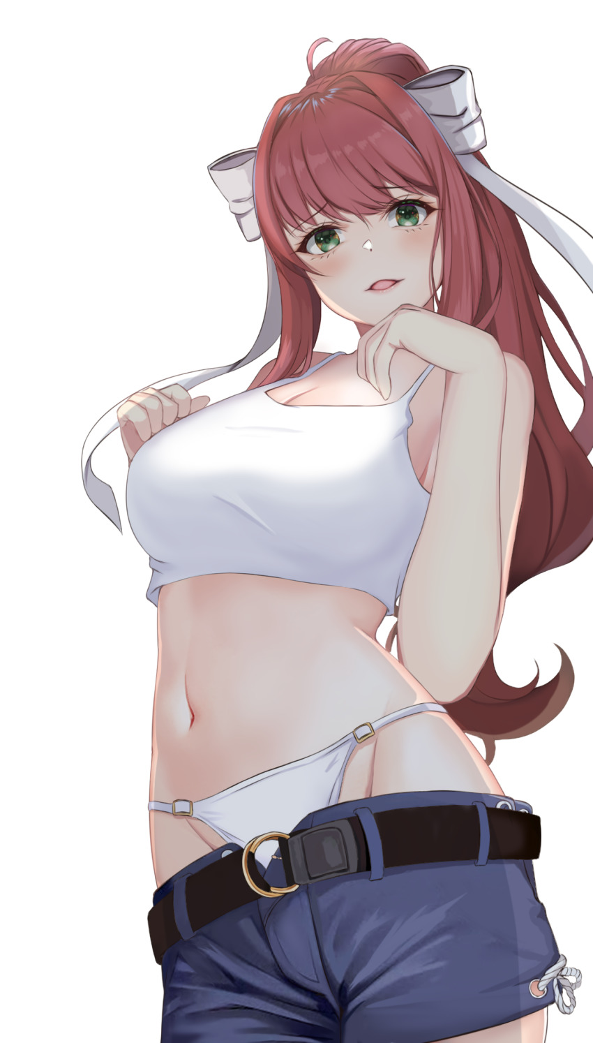 1girl, belt, black_belt, blue_pants, blush, bow, breasts, brown_hair, cleavage, clothes_pull, doki_doki_literature_club, green_eyes, hair_bow, highres, large_breasts, long_hair, looking_at_viewer, looking_down, midriff, monika_(doki_doki_literature_club), navel, nurumaru_yu, panties, pants, pants_pull, ponytail, shirt, solo, tank_top, underwear, undressing, white_background, white_bow, white_panties, white_shirt