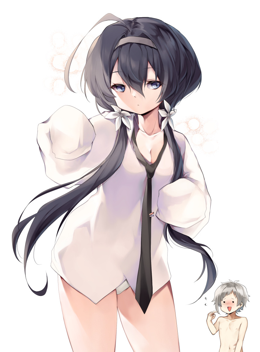 1boy, 1girl, absurdres, ahoge, arm_up, black_hair, black_neckwear, blue_eyes, borrowed_clothes, breasts, bungou_stray_dogs, chachong_sama, character_request, cleavage, dress_shirt, hairband, highres, izumi_kyouka_(bungou_stray_dogs), long_hair, long_sleeves, low_twintails, nakajima_atsushi_(bungou_stray_dogs), necktie, no_pants, panties, pointing, pointing_at_self, shirt, short_hair, silver_hair, simple_background, sleeves_past_wrists, thighs, topless_female, topless_male, twintails, underwear, white_background, white_panties, white_shirt