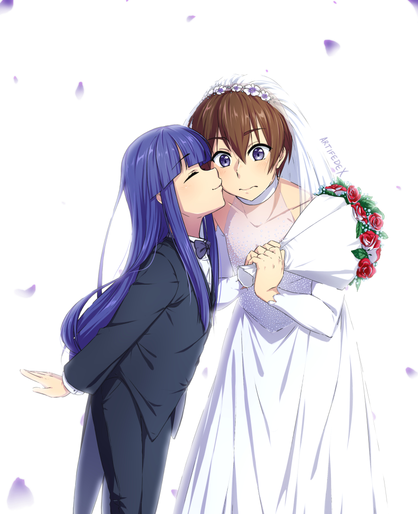 1boy, 1girl, absurdres, age_difference, artifedex, black_suit, blue_hair, bouquet, bow, bowtie, bridal_veil, bride, brown_hair, commentary, commentary_request, commission, crossdressing, dress, embarrassed, closed_eyes, flat_chest, flower, formal_clothes, furude_rika, groom, halo, height_difference, hetero, highres, higurashi_no_naku_koro_ni, hime_cut, husband_and_wife, kiss, kissing_cheek, light_blush, long_hair, maebara_keiichi, petals, purple_eyes, purple_neckwear, role_reversal, shirt, short_hair, signature, simple_background, suit, tuxedo, veil, wedding, wedding_dress, white_background, white_shirt