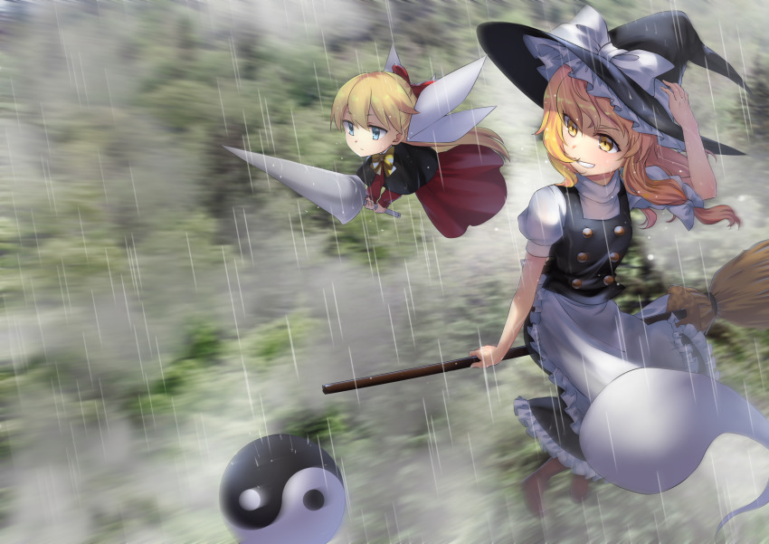absurdres, bakaryuu, blonde_hair, blue_eyes, broom, flying, forest, hat