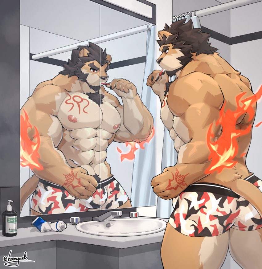 1boy, abs, alca_(wakatanka4), alca_the_lion, animal_ears, ass, bara, bathroom, beard, black_hair, boxers, brown_fur, brushing_teeth, bulge, commission, extra_ears, facial_hair, faucet, fire, furry, furry_male, gyee, hand_tattoo, indoors, kamyuelo, large_pectorals, lion_boy, lion_ears, lion_tail, male_focus, male_underwear, mirror, muscular, muscular_male, navel, navel_hair, nipples, original, pectorals, print_male_underwear, reflection, short_hair, solo, stomach, tail, tattoo, thick_eyebrows, thick_thighs, thighs, toothbrush, topless_male, underwear, underwear_only