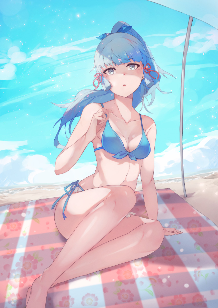 1girl, absurdres, arm_support, ayaka_(genshin_impact), beach, beach_towel, beach_umbrella, bikini