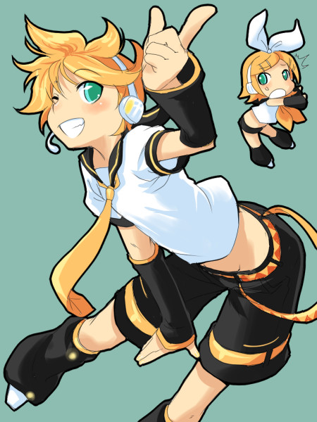 1boy, 1girl, aqua_eyes, blonde_hair, brother_and_sister, detached_sleeves, hair_ornament, hair_ribbon