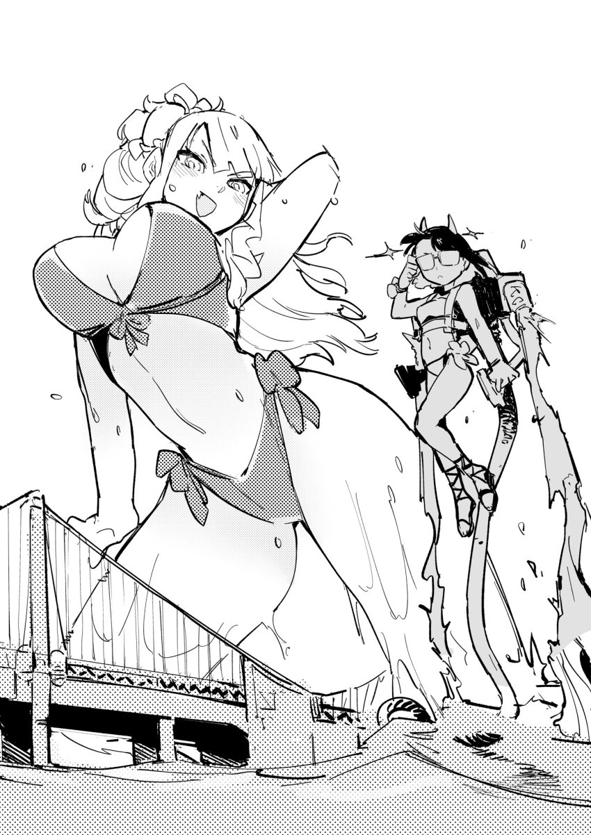 2girls, arm_behind_back, arm_up, bikini, blunt_bangs, breasts, bridge, check_commentary, closed_mouth, commentary_request, fujido_oriko, giant, giant_ojou-sama, giantess, glasses, greyscale, highres, horns, jetpack, large_breasts, long_hair, looking_at_viewer, medium_breasts, monochrome, multiple_girls, navel, nikukaiq, open_mouth, sandals, short_hair, simple_background, smile, stomach, swimsuit, water, wet, white_background