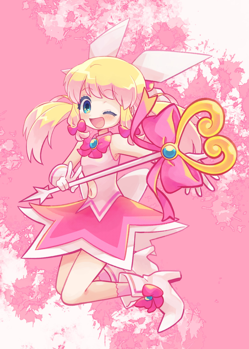 1girl, ;d, azuchimomoyama_kurumi, blonde_hair, blue_eyes, bow, clothing_cutout, dress