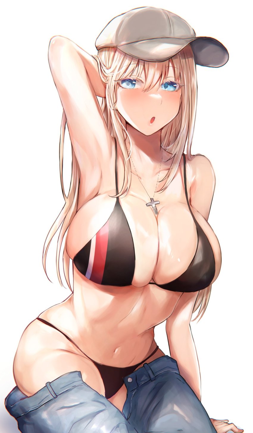 1girl, :o, arm_up, armpits, bikini, bismarck_(kancolle), black_bikini, blonde_hair, blue_eyes, blush, breasts, cleavage, cross, cross_necklace, denim, grey_hat, hair_between_eyes, hand_in_own_hair, hat, highres, jeans, jewelry, kantai_collection, large_breasts, long_hair, miyako_(rgrayt), necklace, open_mouth, open_pants, pants, simple_background, sitting, solo, swimsuit, white_background