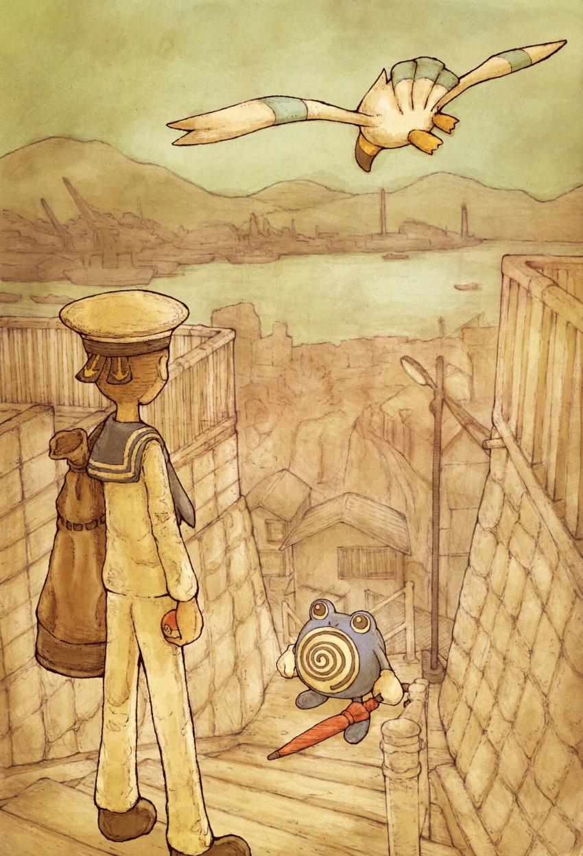 1boy, bird, commentary_request, day, fence, gen_1_pokemon, gen_3_pokemon, grey_sailor_collar