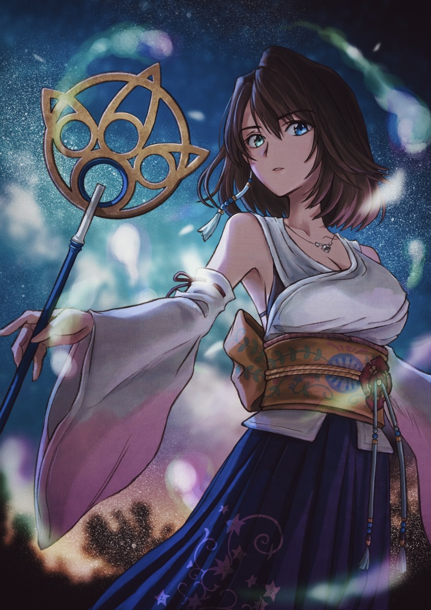 1girl, absurdres, blue_eyes, breasts, brown_hair, cleavage, collarbone, detached_sleeves, final_fantasy, final_fantasy_x, green_eyes, heterochromia, highres, holding, holding_staff, holding_weapon, japanese_clothes, jewelry, long_skirt, medium_breasts, medium_hair, necklace, obi, pleated_skirt, sash, skirt, sky, solo, staff, star_(sky), weapon, yaco_(085), yuna_(ff10)