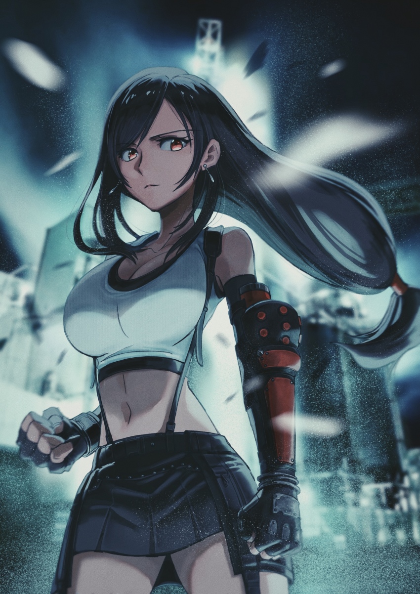 1girl, absurdres, black_hair, breasts, cleavage, collarbone, crop_top, earrings, final_fantasy, final_fantasy_vii, final_fantasy_vii_remake, fingerless_gloves, floating_earrings, gauntlets, gloves, highres, jewelry, large_breasts, long_hair, low-tied_long_hair, miniskirt, navel, pleated_skirt, red_eyes, serious, shirt, skirt, solo, sports_bra, suspender_skirt, suspenders, swept_bangs, tank_top, tifa_lockhart, very_long_hair, white_shirt, yaco_(085)