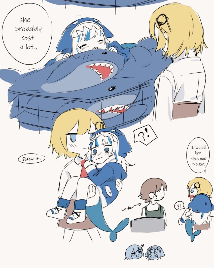 !?, animal_costume, animal_hood, blonde_hair, blue_eyes, blue_hair, blunt_bangs, blush, carrying, english_text, fins, fish_tail, gawr_gura, hair_ornament, highres, hololive, hololive_english, hood, ikea_shark, medium_hair, mittsumiaisha, multicolored_hair, multiple_girls, necktie, open_mouth, princess_carry, shark_costume, shark_girl, shark_hood, shark_tail, sharp_teeth, shirt, spoken_interrobang, streaked_hair, stuffed_animal, stuffed_shark, stuffed_toy, tail, teeth, virtual_youtuber, watson_amelia, white_hair, white_shirt
