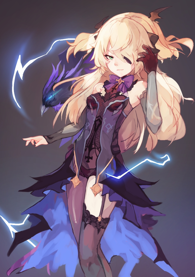 1girl, bat_ornament, black_ribbon, blonde_hair, bodystocking, bow, bowtie, breasts