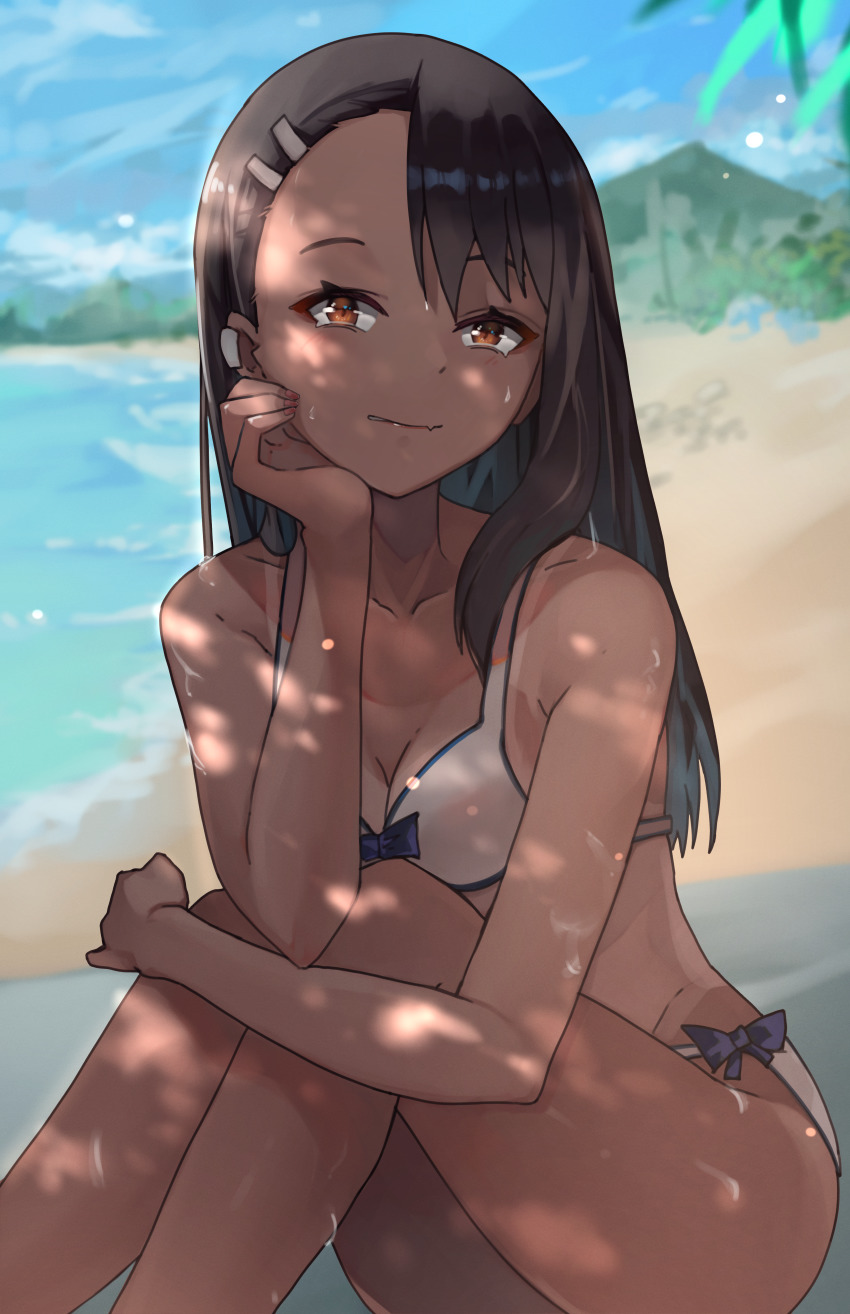 1girl, absurdres, beach, bikini, black_hair, blurry, blurry_background, breasts, brown_eyes, cleavage, dappled_sunlight, earclip, head_rest, highres, huge_filesize, hugging_own_legs, ijiranaide_nagatoro-san, knees_to_chest, light_smile, long_hair, looking_at_viewer, nagatoro_hayase, ocean, piercing, shizu_(shizuillust), small_breasts, smile, solo, summer, sunlight, swimsuit, tan, tanline, water