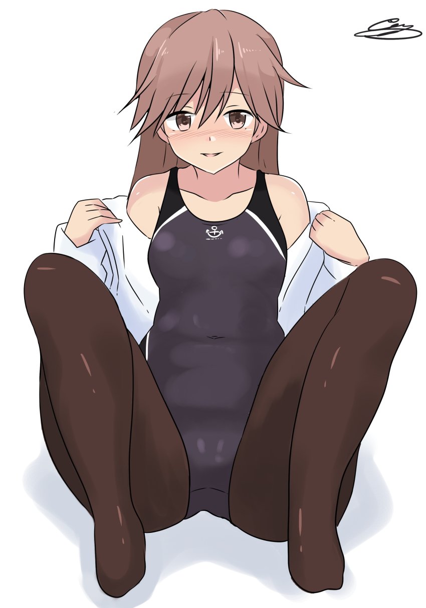 1girl, absurdres, anchor_symbol, arashio_(kancolle), black_one-piece_swimsuit, black_pantyhose, breasts, brown_hair, brown_pantyhose, collarbone, competition_swimsuit, covered_navel, full_body, hair_between_eyes, highleg, highleg_one-piece_swimsuit, highres, kantai_collection, long_hair, long_sleeves, looking_at_viewer, no_shoes, noruren, one-piece_swimsuit, pantyhose, pantyhose_under_swimsuit, shadow, shirt, signature, simple_background, sitting, small_breasts, smile, solo, swimsuit, undressing, white_background, white_shirt, yellow_eyes