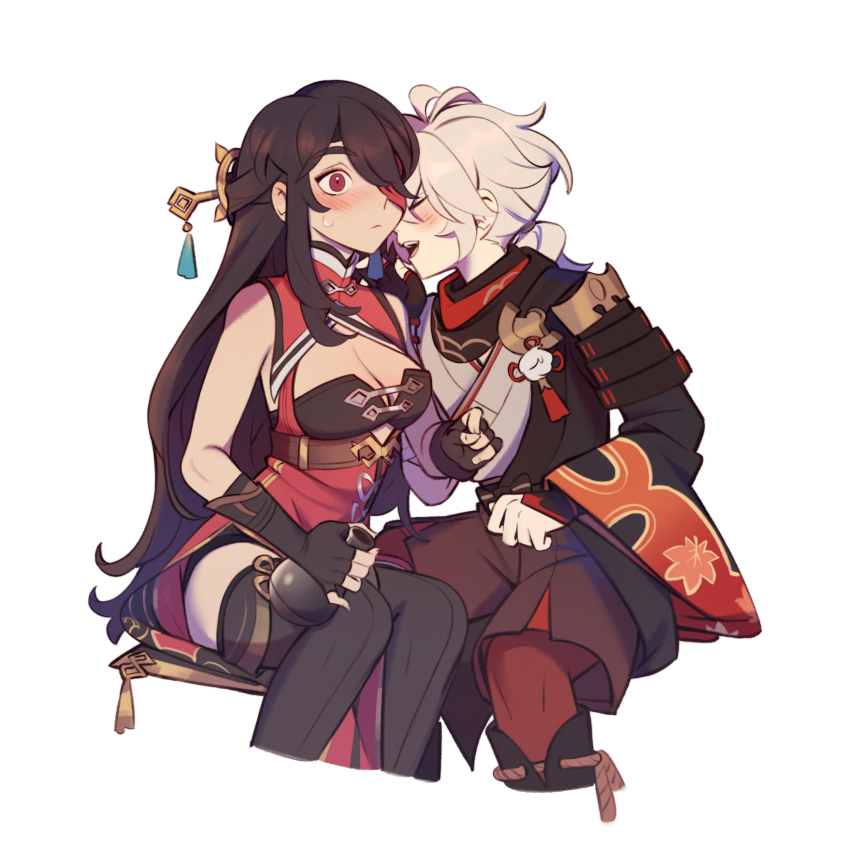 1boy, 1girl, ahoge, bare_shoulders, beidou_(genshin_impact), blush, breasts, brown_hair