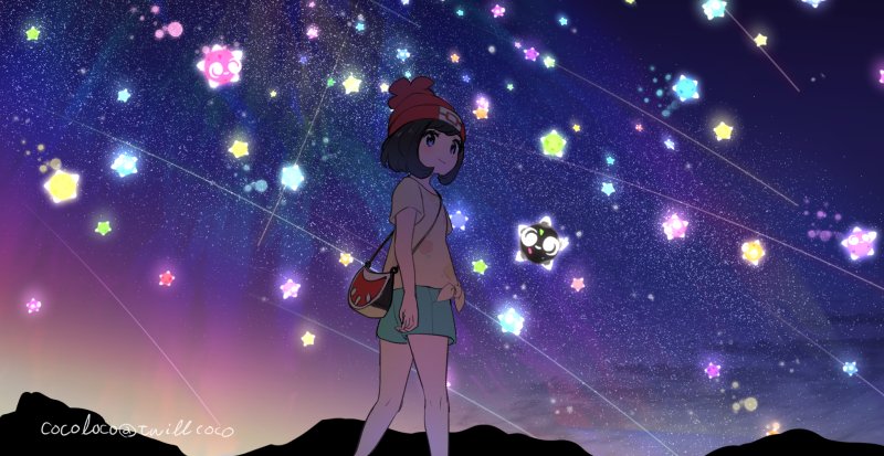 alternate_color, artist_name, bag, bare_legs, black_hair, blue_eyes, cocoloco, floral_print