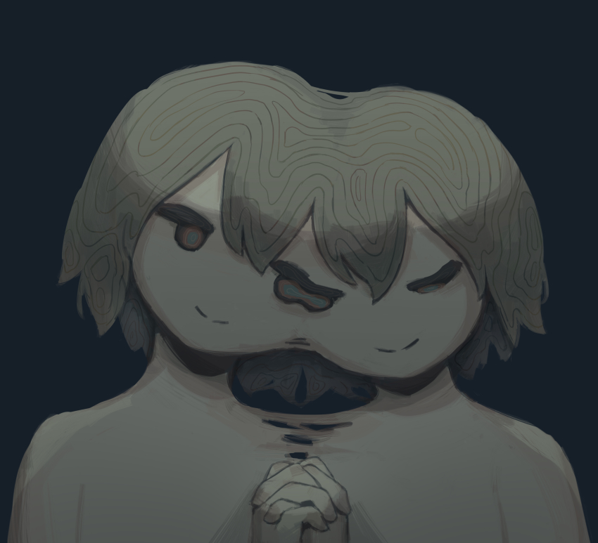 2others, absurdres, avogado6, black_background, closed_mouth, commentary, completely_nude, grey_hair, holding_hands, hand_up, highres, interlocked_fingers, mitosis, multiple_others, nude, original, simple_background, smile, upper_body