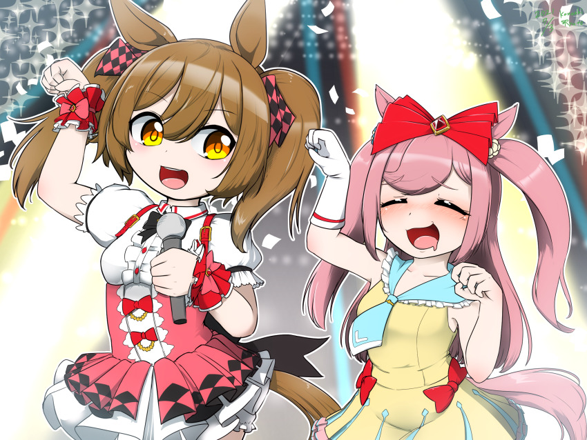 2girls, agnes_digital_(umamusume), animal_ears, blush, brown_hair, closed_eyes, dancing, gloves