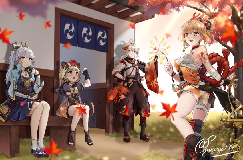 1boy, 3girls, animal_ears, arm_tattoo, armor, autumn_leaves, ayaka_(genshin_impact), bandaged_arm