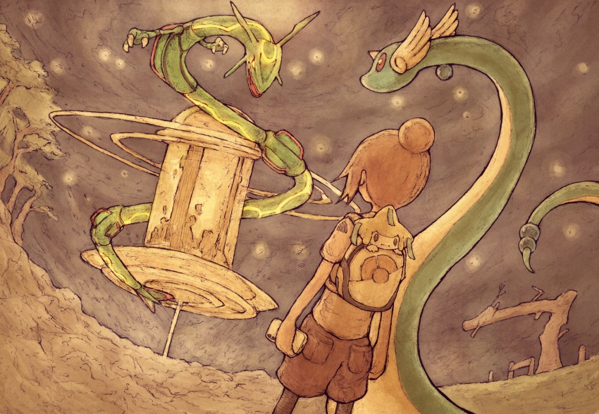 1girl, backpack, bag, brown_hair, brown_shorts, cellphone, claws, commentary_request, dragon, dragonair, eastern_dragon, gen_1_pokemon, gen_3_pokemon, glowing, glowing_eyes, grey_shirt, hair_bun, highres, holding, holding_phone, jirachi, legendary_pokemon, miyagi_prefecture, mythical_pokemon, nintendo, outdoors, phone, pokemon, pokemon_(creature), rayquaza, shirt, short_hair, short_sleeves, shorts, single_hair_bun, tree, usuisoto_(mouse4949), white_bag, yellow_eyes