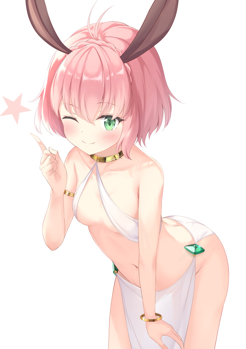 1girl, absurdres, ahoge, animal_ears, antenna_hair, arched_back, armlet, ass, bangle, bare_shoulders, blush, bob_cut, bracelet, braid, breasts, butt_crack, cleavage, closed_mouth, clothing_cutout, collarbone, cowboy_shot, crown_braid, emimeku, female_focus, gold, green_eyes, halterneck, hand_up, happy, highres, index_finger_raised, isekai_maou_to_shoukan_shoujo_no_dorei_majutsu, jewelry, leaning_forward, loincloth, loli, looking_at_viewer, navel, no_panties, one_eye_closed, pink_hair, rabbit_ears, rabbit_girl, revealing_clothes, see-through_clothes, short_hair, sidelocks, simple_background, single_braid, sling_bikini_top, small_breasts, smile, solo, standing, star_(symbol), stomach, sylvie_(isekai_maou), thigh_cutout, thighs, white_background, wink