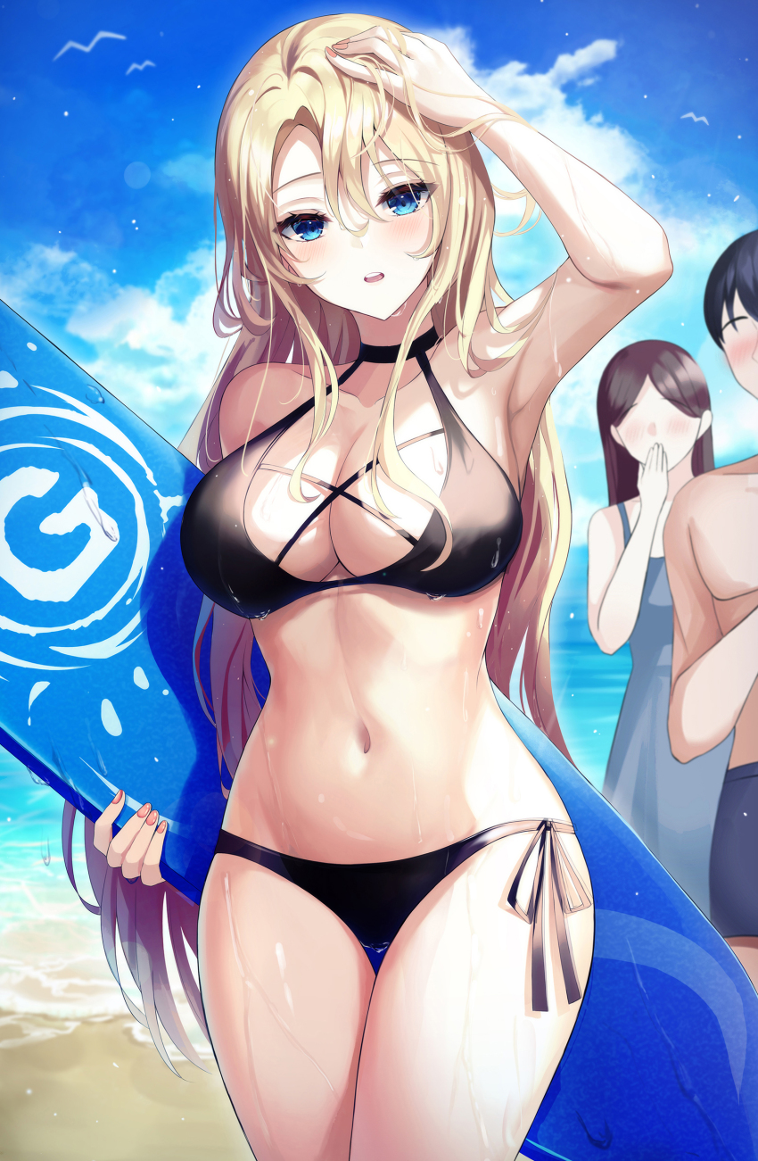 1boy, 2girls, absurdres, arm_up, armpits, bare_arms, bare_shoulders, bikini