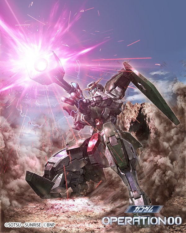 battle_spirits, dust, green_eyes, gun, gundam, gundam_00, gundam_dynames, holding