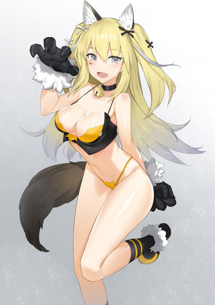 1girl, alternate_costume, animal_ear_fluff, animal_ears, animal_hands, arm_behind_back, bell, black_socks, black_tank_top, blonde_hair, blue_oath, blush, bra, breasts, cleavage, fake_animal_ears, fake_tail, fur, gloves, grey_eyes, hand_up, long_hair, looking_at_viewer, medium_breasts, navel, neck_bell, open_mouth, panties, paw_gloves, paw_pose, saratoga_(beware_the_wolf)_(blue_oath), saratoga_(blue_oath), simple_background, smile, socks, solo, standing, standing_on_one_leg, tail, tank_top, unarrival_cloud, underwear, yellow_bra, yellow_panties