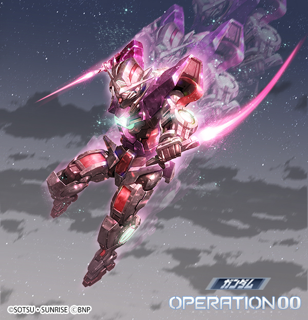 afterimage, battle_spirits, energy_sword, dual_wielding, glowing, glowing_eye, green_eyes, gundam, gundam_00, gundam_exia, holding, holding_weapon, looking_down, mecha, mobile_suit, morishita_naochika, no_humans, official_art, robot, science_fiction, solo, trans-am, v-fin, weapon