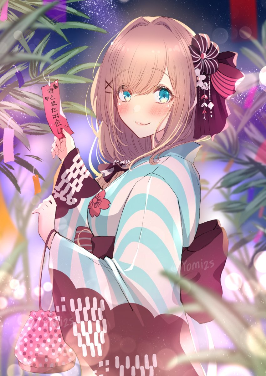 1girl, :3, black_bow, blue_eyes, bow, brown_hair, closed_mouth, floral_print