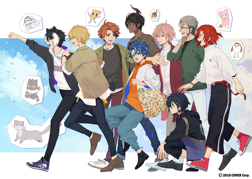 6+boys, aragami_oga, arurandeisu, astel_leda, beard, black_footwear, black_hair, black_hoodie