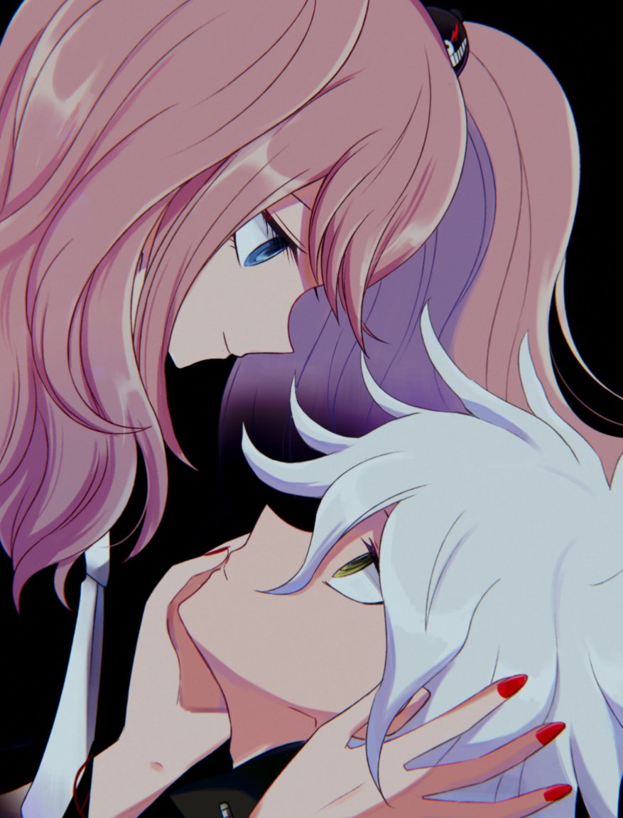 1boy, 1girl, 8takenokonosato8, bear_hair_ornament, black_background, black_neckwear, blue_eyes, brown_eyes