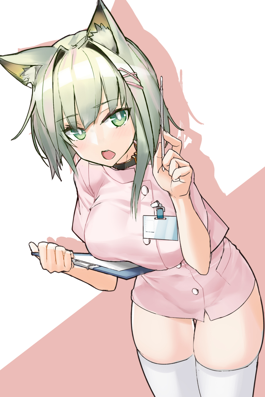 1girl, absurdres, animal_ear_fluff, animal_ears, aoi_lavender, arknights, asymmetrical_hair, breasts, clipboard, collar, commentary_request, cowboy_shot, dress, green_eyes, green_hair, hair_ornament, hairclip, hands_up, highres, holding, holding_clipboard, holding_thermometer, id_card, kal'tsit_(arknights), large_breasts, leaning_forward, liquid-in-glass_thermometer, looking_at_viewer, medical_scrubs, medium_hair, nurse, open_mouth, pink_background, pink_dress, shadow, short_sleeves, skindentation, solo, thermometer, thigh_gap, thighhighs, thighs, two-tone_background, white_background, white_thighhighs