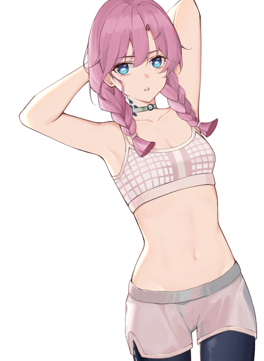 1girl, absurdres, arknights, armpits, arms_up, bare_arms, bare_shoulders, blue_choker, blue_eyes, blue_poison_(arknights), blue_poison_(shoal_beat)_(arknights), braid, breasts, camisole, choker, commentary_request, crop_top, hair_between_eyes, highres, hymxiaocyan, leggings, long_hair, midriff, navel, official_alternate_costume, pink_hair, short_shorts, shorts, simple_background, small_breasts, solo, spaghetti_strap, sports_bra, stomach, twin_braids, white_background